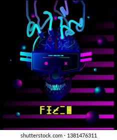 Cyberpunk skull with headphones, implants, virtual reality goggles and tubes from the head