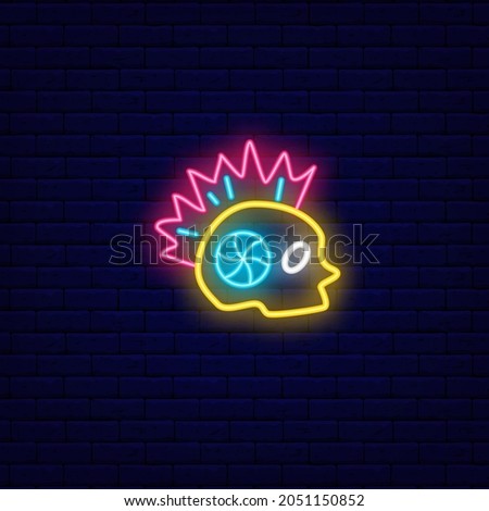 Cyberpunk skull with iroquois neon icon. Futuristic robot with mohawk. Exoskeleton and high tech technology. Gradient linear purple contour symbol. Isolated vector stock illustration