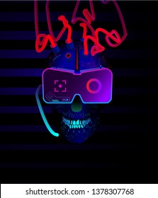 Cyberpunk skull with microphone, implants, virtual reality glasses and tubes from the head