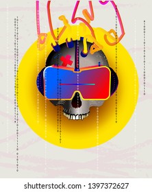 Cyberpunk skull with a torn jaw with implants and tubes from the head with virtual reality glasses on the background of the code and the grunge background.