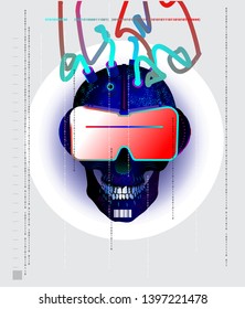 Cyberpunk skull with tubes from the head wearing virtual reality glasses of neon colors in a futuristic interface