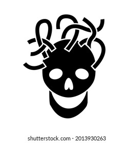 Cyberpunk skull with wires glyph icon. Futuristic cyborg. Bio-robot gadgets. Science fiction, game, confrontation between humans and robots. Black symbol. Isolated vector stock illustration
