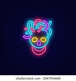 Cyberpunk skull with wires neon icon. VR game club logo. High tech technology. Night bright signboard. Outer glowing effect banner. Editable stroke. Isolated vector stock illustration
