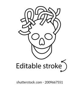 Cyberpunk skull with wires outline icon. Futuristic cyborg. Bio-robot gadgets