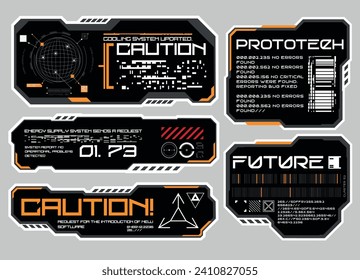 Cyberpunk sticker set. Sci fi typography for modern and tech design. Vector Illustration. EPS 10