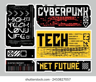 Cyberpunk-Aufkleber-Set. Sci fi Typografie für modernes und technisches Design. Vektorgrafik. EPS10