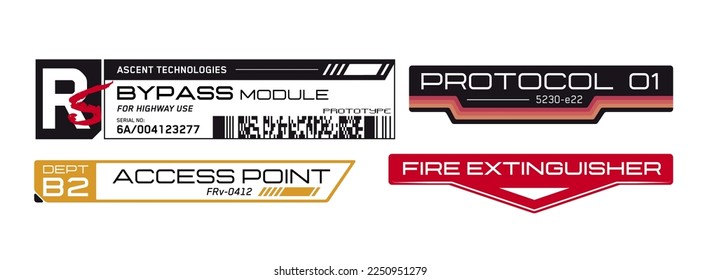 Cyberpunk stickers. Science fiction decals for futuristic design. Inscriptions and symbols.