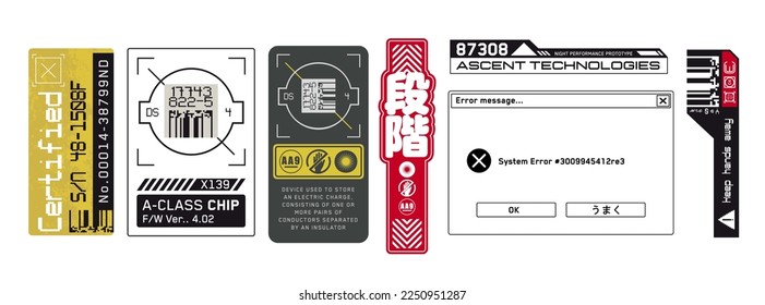 Cyberpunk stickers. Science fiction decals for futuristic design. Inscriptions and symbols.