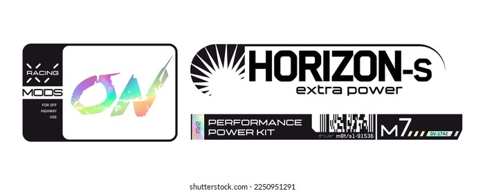 Cyberpunk stickers. Science fiction decals for futuristic design. Inscriptions and symbols.