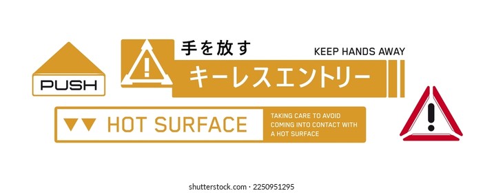 Cyberpunk stickers. Science fiction decals for futuristic design. Inscriptions and symbols. Japanese hieroglyphs for let go, keyless entry.