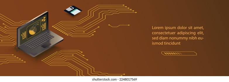 Cyberpunk style coding banner with isometric 3d redering of a laptop, electronic circuits, copy space. Vector illustration.