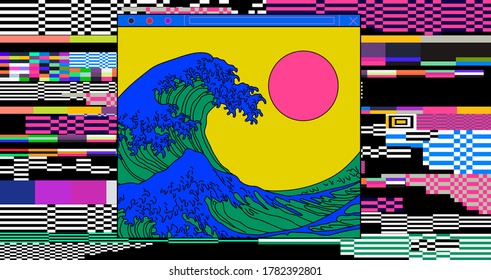 Cyberpunk style collage with Great Wave image on glitched and pixelated background. Vaporwave Pop Art vector illustration of 19th century Japanese print.