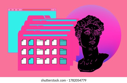 Cyberpunk style collage with user interface elements and gypsym sculpture in neon vibrant colors. Surreal vaporwave and retrowave composition.