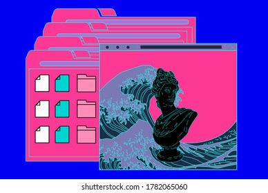 Cyberpunk style collage with user interface elements and gypsym bust of Apollo in neon vibrant colors. Surreal vaporwave and retrowave composition.