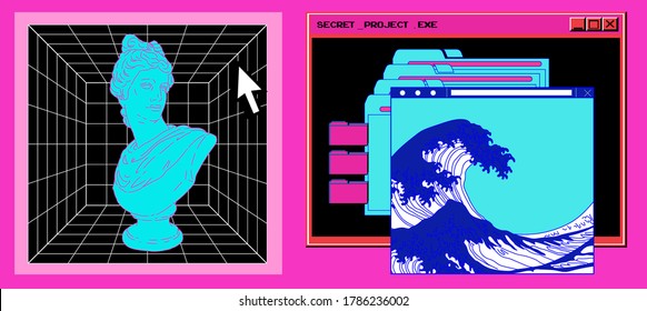 Cyberpunk style collage with user interface elements, gypsum bust and picture of ocean waves. Conceptual vector illustration of virtual reality and the internet surfing.