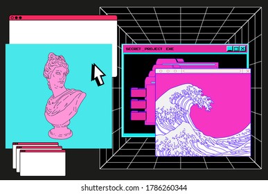 Cyberpunk style collage with user interface elements, gypsum bust and picture of ocean waves. Conceptual vector illustration of virtual reality and the internet surfing.