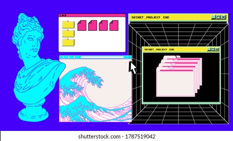 Cyberpunk style collage with user interface elements, gypsum bust and picture of ocean waves. Conceptual vector illustration of virtual reality and the internet surfing.