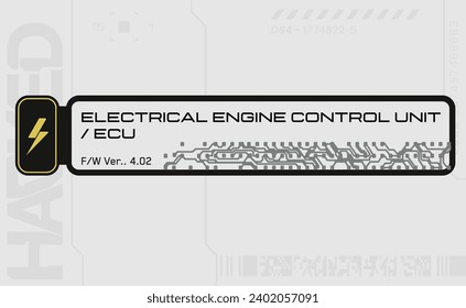 Decal al estilo ciberpunk. Pegatina de servicio de vehículos vectores de estilo futurista. Inscripciones Unidad de control del motor eléctrico, Ecu