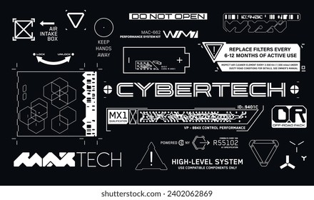 Cyberpunk style decals set. Set of vector car service stickers and labels in futuristic style. Inscriptions and symbols