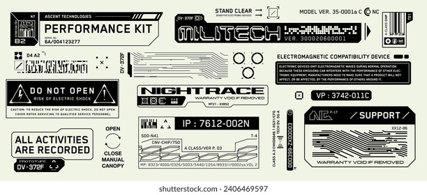 Cyberpunk style decals set. Set of vector car service stickers and labels in futuristic style. Inscriptions and symbols	