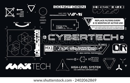 Cyberpunk style decals set. Set of vector car service stickers and labels in futuristic style. Inscriptions and symbols