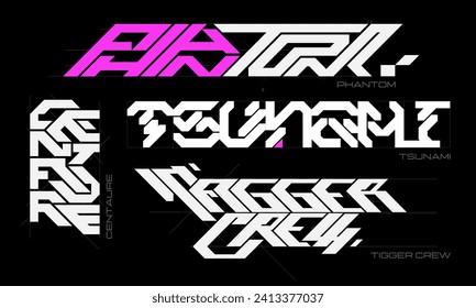 Cyberpunk style inscriptions Centaure, Tagger Crew, Phantom, Tsunami. Futuristic lettering, techwear typography pattern design, modern mecha font.