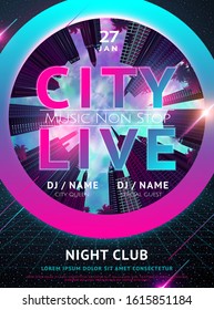 Cyberpunk style night club music concert poster design with look up angle