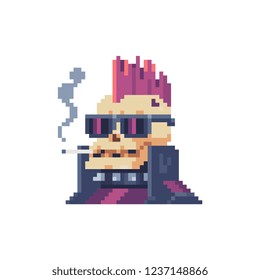 Cyberpunk style pixel art character, skull with pink hair with a smoking cigarette and glasses, isolated vector illustration. Design for logo, sticker and app.