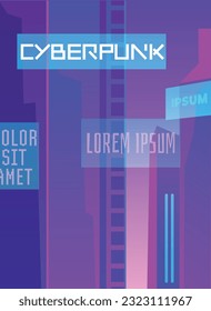 Cyberpunk style poster with space for text, neon background, flat vector illustration. Futuristic augmented reality. Cybernetic technologies and metaverse.