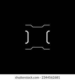 Marcador de destino cuadrado de estilo ciberpunk. Futurista interfaz gráfica de usuario rectangular objetivo, objetivo, retículo. Pantalla de cabeza con el retículo HUD, estética del ciberpunk, interfaz futurista. Elemento de diseño de ciberestilo vectorial.
