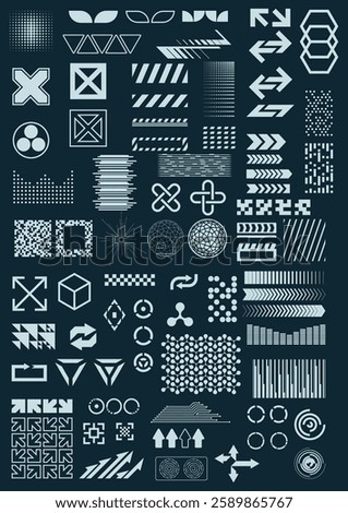 Cyberpunk Style Techno Elements, Retro Future Graphic Objects, Icons, Symbols, Signs, Cursors.