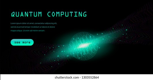 Cyberpunk style tempate for Quantum computing, Big data, Machine learning subjects. Wave of nanoparticles in neon color palette on dark background.