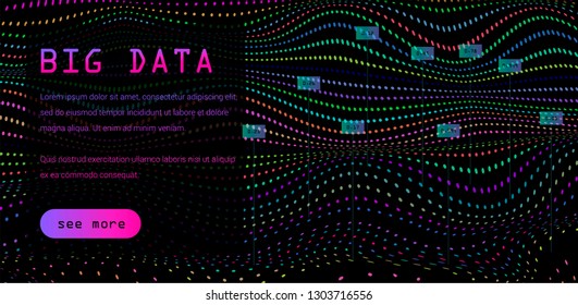Cyberpunk style tempate for Quantum computing, Big data, Machine learning subjects. Wave of nanoparticles in neon color palette on dark background.