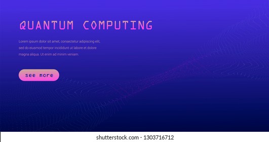 Cyberpunk style tempate for Quantum computing, Big data, Machine learning subjects. Wave of nanoparticles in neon color palette on dark background.