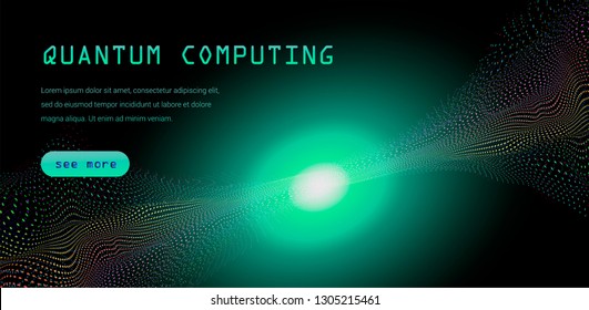Cyberpunk style tempate for Quantum computing, Big data, Machine learning subjects. Subatomic particles in neon color palette on dark background.