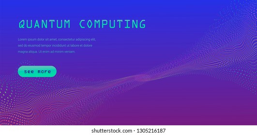 Cyberpunk style tempate for Quantum computing, Big data, Machine learning subjects. Surface of dots and particles in neon color palette on dark background.