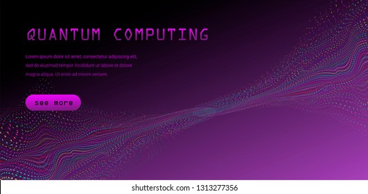 Cyberpunk style tempate for Quantum computing, Big data, Machine learning subjects. Subatomic particles in neon color palette on dark background.