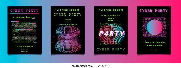 Cyberpunk/ synthwave/ retrowave futuristic poster set for music event with glitched binary code and abstract cosmic shapes.
