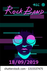 Cyberpunk synthwave style poster template with glitch art effect for music event, party invitation. Cartoon fashion gothic decadent woman wearing big grotesque sunglasses.