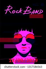 Cyberpunk/ synthwave style poster template with glitch art effect for music event, party invitation. Cartoon gothic decadent woman wearing sunglasses and hat.