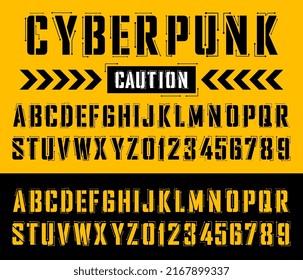 Cyberpunk technological font. Tech letters and numbers. Futuristic cyberpunk typeface. Vector illustration.