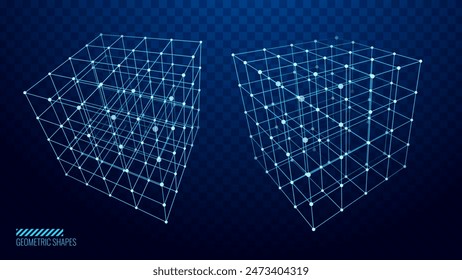 Cyberpunk Technology 3D Cube. Futuristic HUD Design Objects. Computer Server Algorithm Array Concept. Cyber Game Element Vector Illustrator.