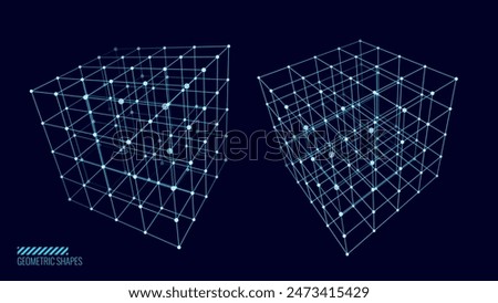 Cyberpunk Technology 3D Cube. Futuristic HUD Design Objects. Computer Server Algorithm Array Concept. Cyber Game Element Vector Illustrator.