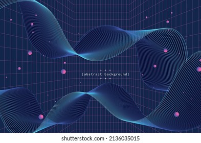 cyberpunk theme abstract pink particle dots and twisted flowline on navy blue square grid background can be use for product label food and drink technology presentation box art vector eps.