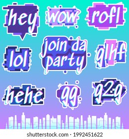 Cyberpunk themed Word Sticker Pack on a Cyan and Purple Gradient Background, outlined in white