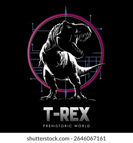 Cyberpunk T-Rex Dinosaur, futuristic Prehistoric Vector Illustration.  Ideal for stickers, t-shirts, children's decor, and cards.