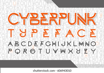 Cyberpunk typeface design. Modern style font with code background.  