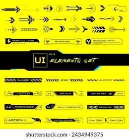 Cyberpunk UI elements set. Set of vector arrows and buttons in futuristic style. Inscriptions, symbols. Callouts titles.