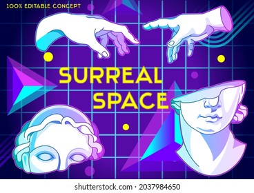 Cyberpunk and vaporwave neon style art collage. Hands going to touch together, look like the Michelangelo's art. Vector template of cover, event flyer, club party invitation, banner, music fest poster