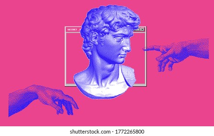 Cyberpunk and vaporwave style art collage with hands and bust on pink background. Pixel art 8-bit retro illustration.